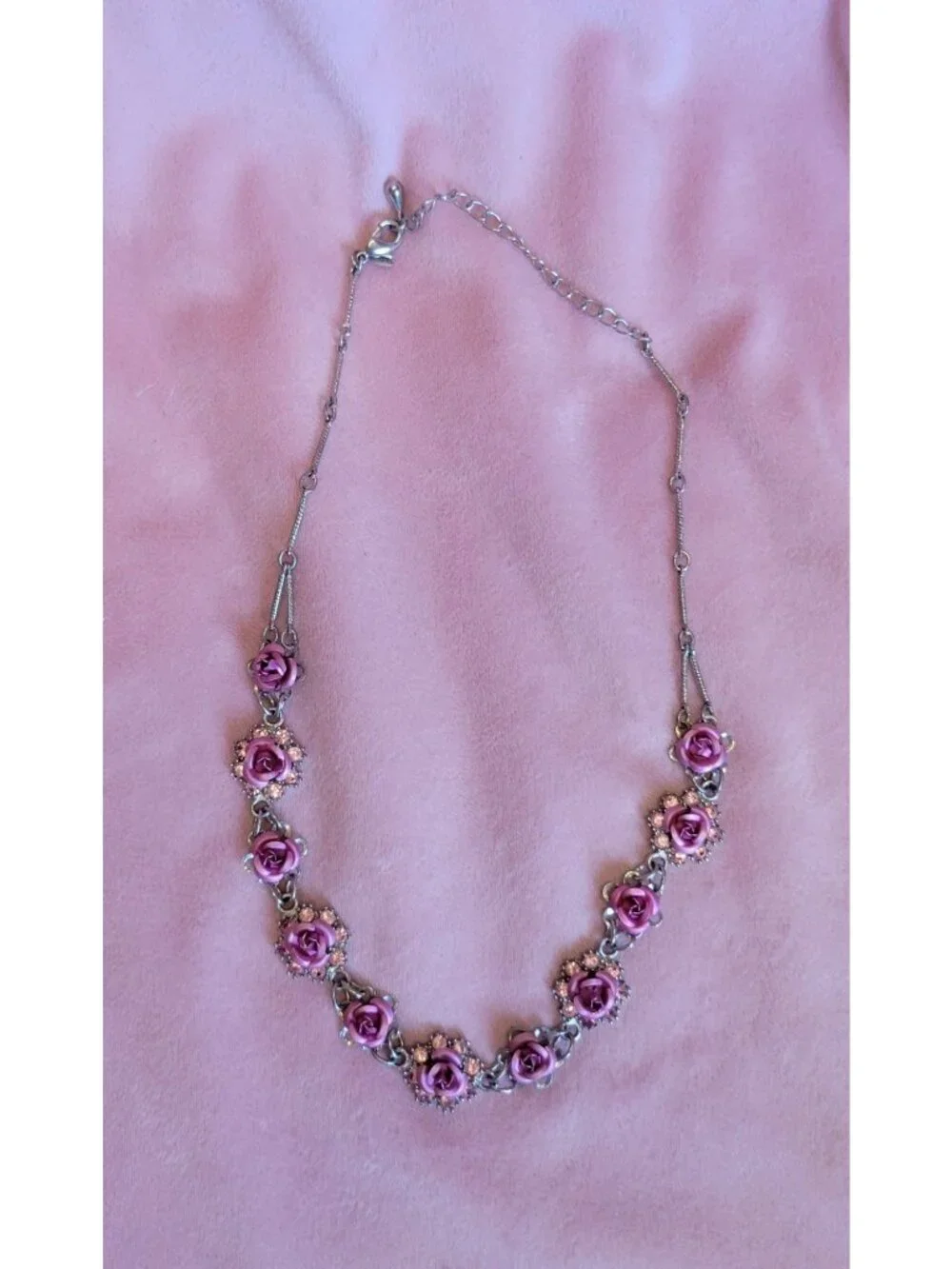 Vintage Avon Nina Ricci Silver Tone Pink Rhinestone Flower Choker Necklace N1A